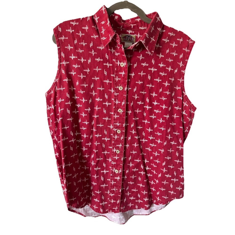 VTG 90s Y2K Barn Fly Sleeveless Top Red Western Barbed Wire Print Size Large - Picture 3 of 5